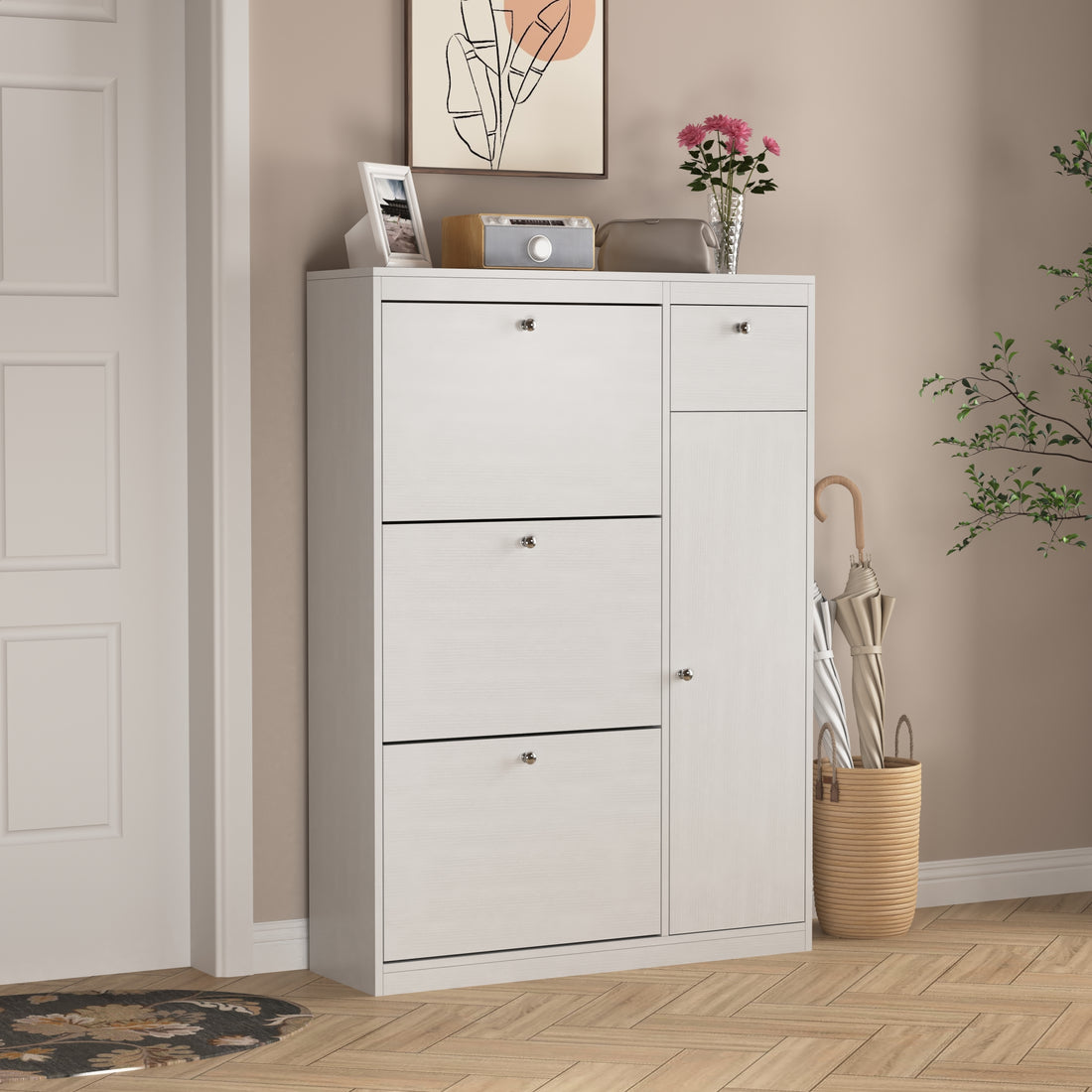 Shoe Cabinet,Freestanding Tipping Bucket Shoe Rack Organizer With 3 Flip Drawers,Entryway Narrow Shoe Storage With Adjustable Storage Shelf,Modern Slim Hidden Shoe Cabinet, White 5 Or More Spaces White Primary Living Space Particle Board