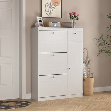 Shoe Cabinet,Freestanding Tipping Bucket Shoe Rack Organizer With 3 Flip Drawers,Entryway Narrow Shoe Storage With Adjustable Storage Shelf,Modern Slim Hidden Shoe Cabinet, White 5 Or More Spaces White Primary Living Space Particle Board