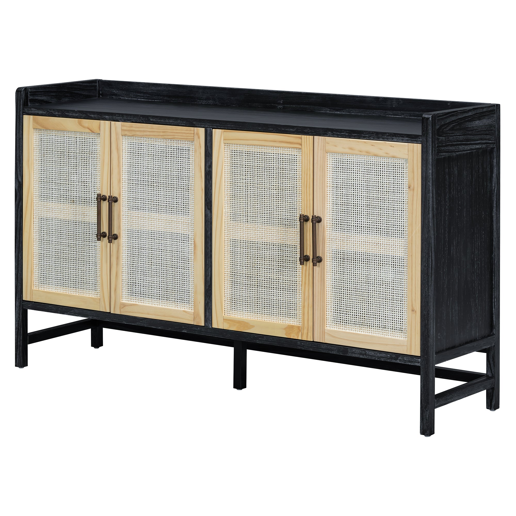 Sideboard Rustic Buffet Cabinet, Sideboard Cabinet With Decorative Rattan Doors, Buffet Cabinet With Storage For Entryway Dining Room Kitchen Living Room, Black Natural Black Natural Mdf