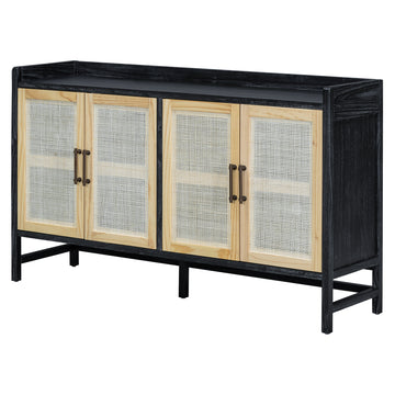 Sideboard Rustic Buffet Cabinet, Sideboard Cabinet With Decorative Rattan Doors, Buffet Cabinet With Storage For Entryway Dining Room Kitchen Living Room, Black Natural Black Natural Mdf