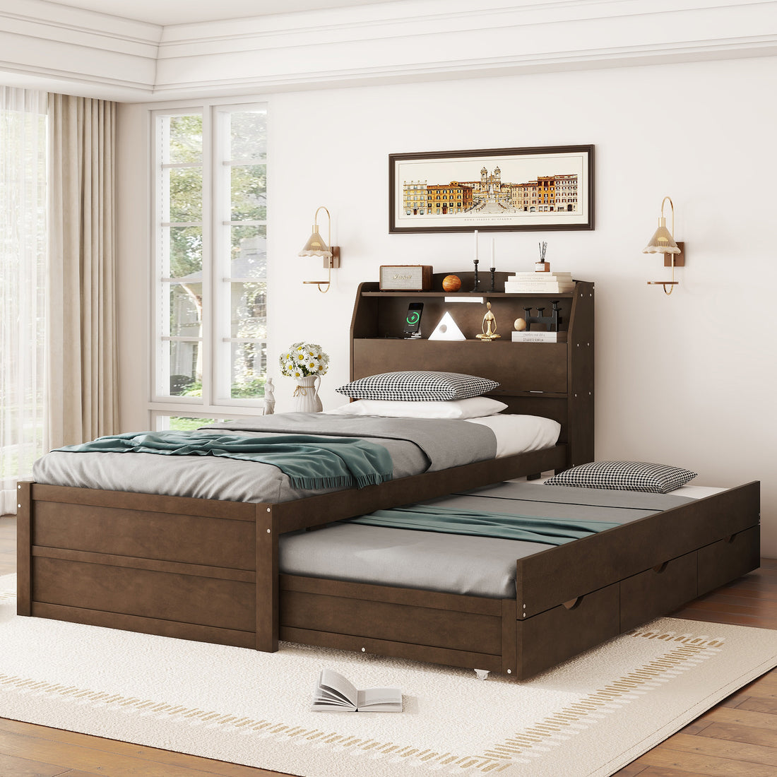 Twin Size Wooden Led Platform Bed With Trundle, With Storage Headboard, With Drawers, Brown Twin Brown Plywood