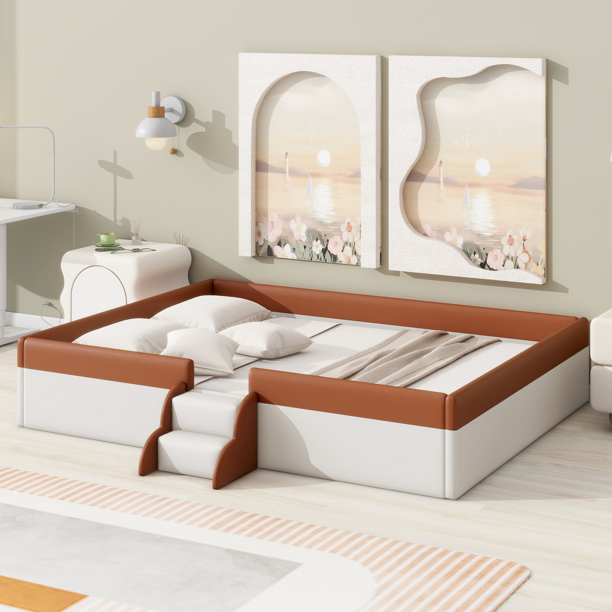 Queen Size Upholstered Daybed Frame With Fence And Stairs, Brown White Queen Brown White Mdf Lvl