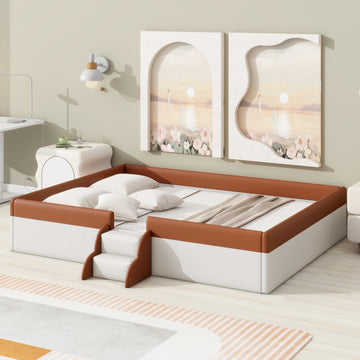 Queen Size Upholstered Daybed Frame With Fence And Stairs, Brown White Queen Brown White Mdf Lvl