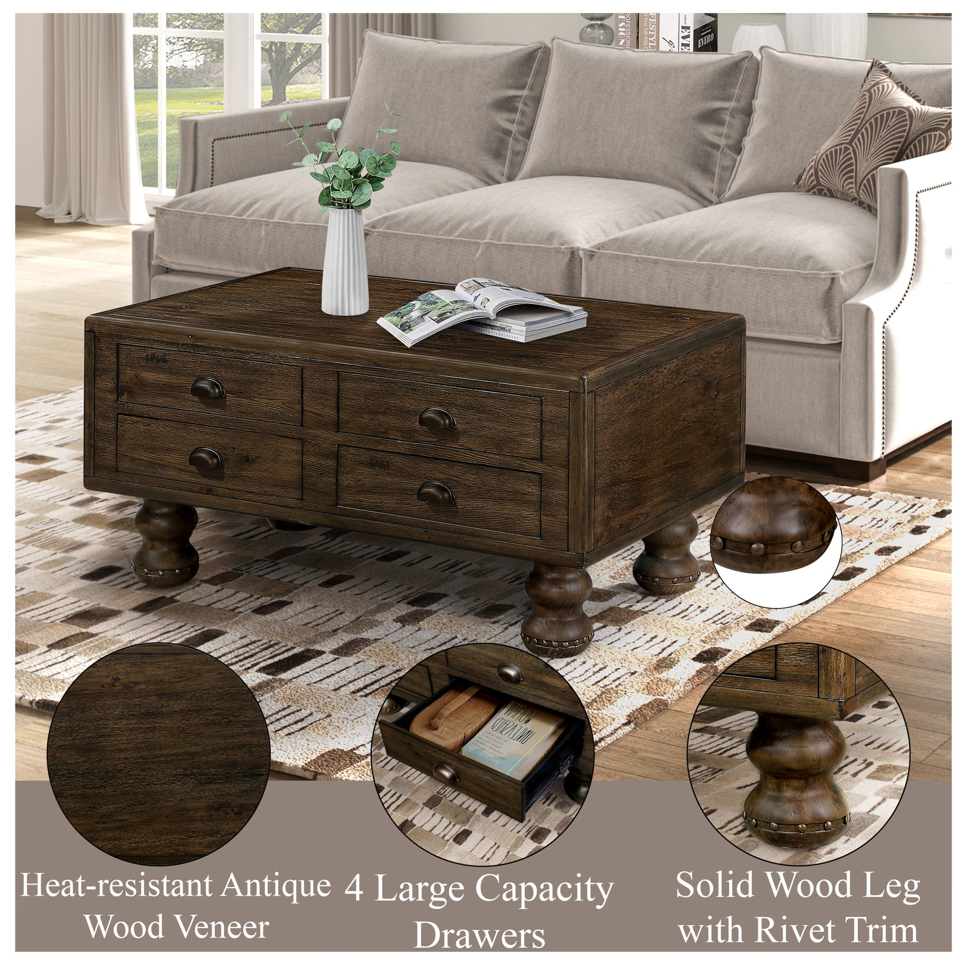 Solid Wood Rectangle Coffee Table For Living Room, 40 Inch Antique Coffee Table With 4 Drawers, Wood Center Table Tea Table With Rivet Decoration Legs.Easy Assembly, Espresso Espresso Pine