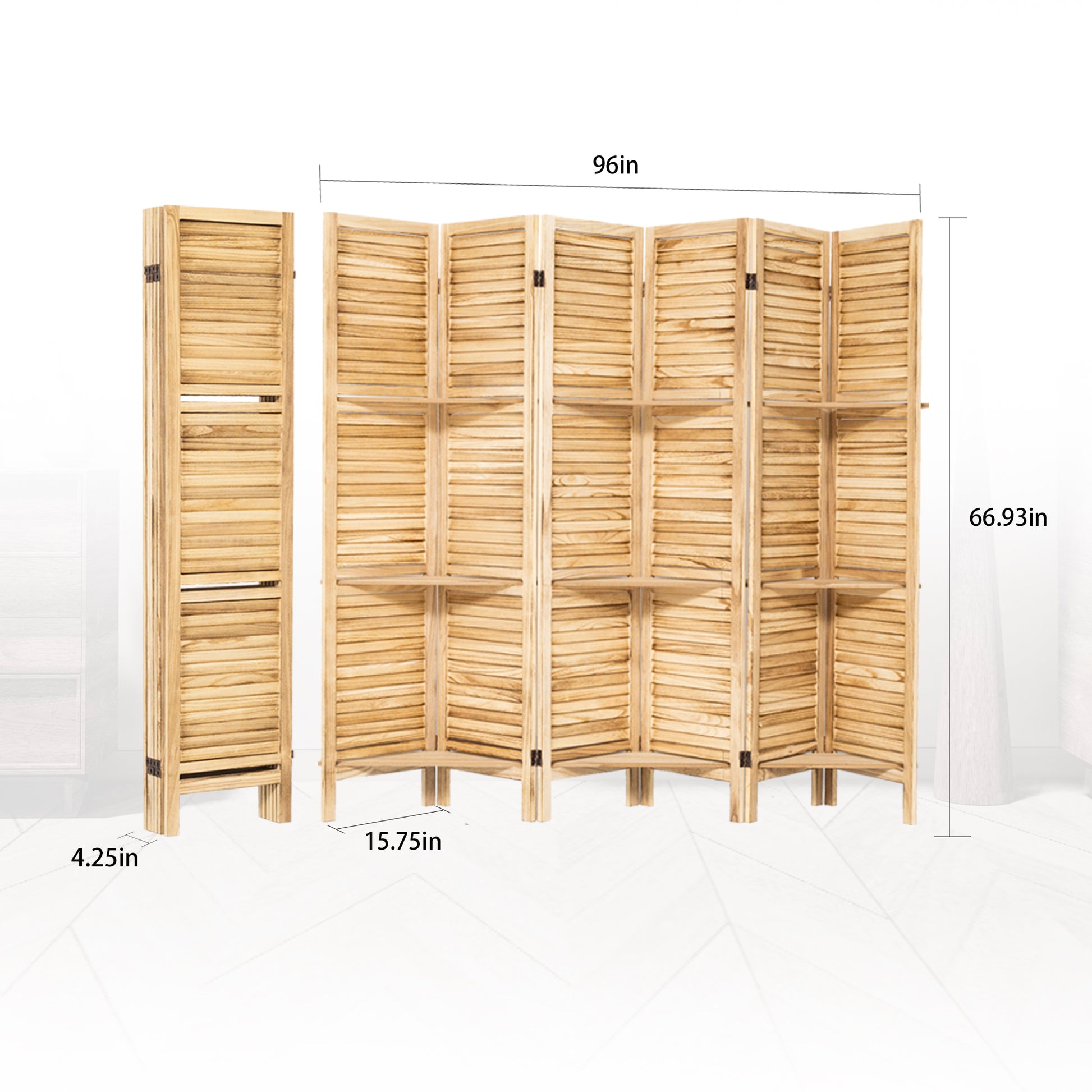 Room Divider 6 Panel, Wood Folding Room Divider Screen, Room Divider With Shelves And Easy Move Partition, Freestanding Room Screen Divider With Display Shelves Natural Color Natural Wood Rustic Wood