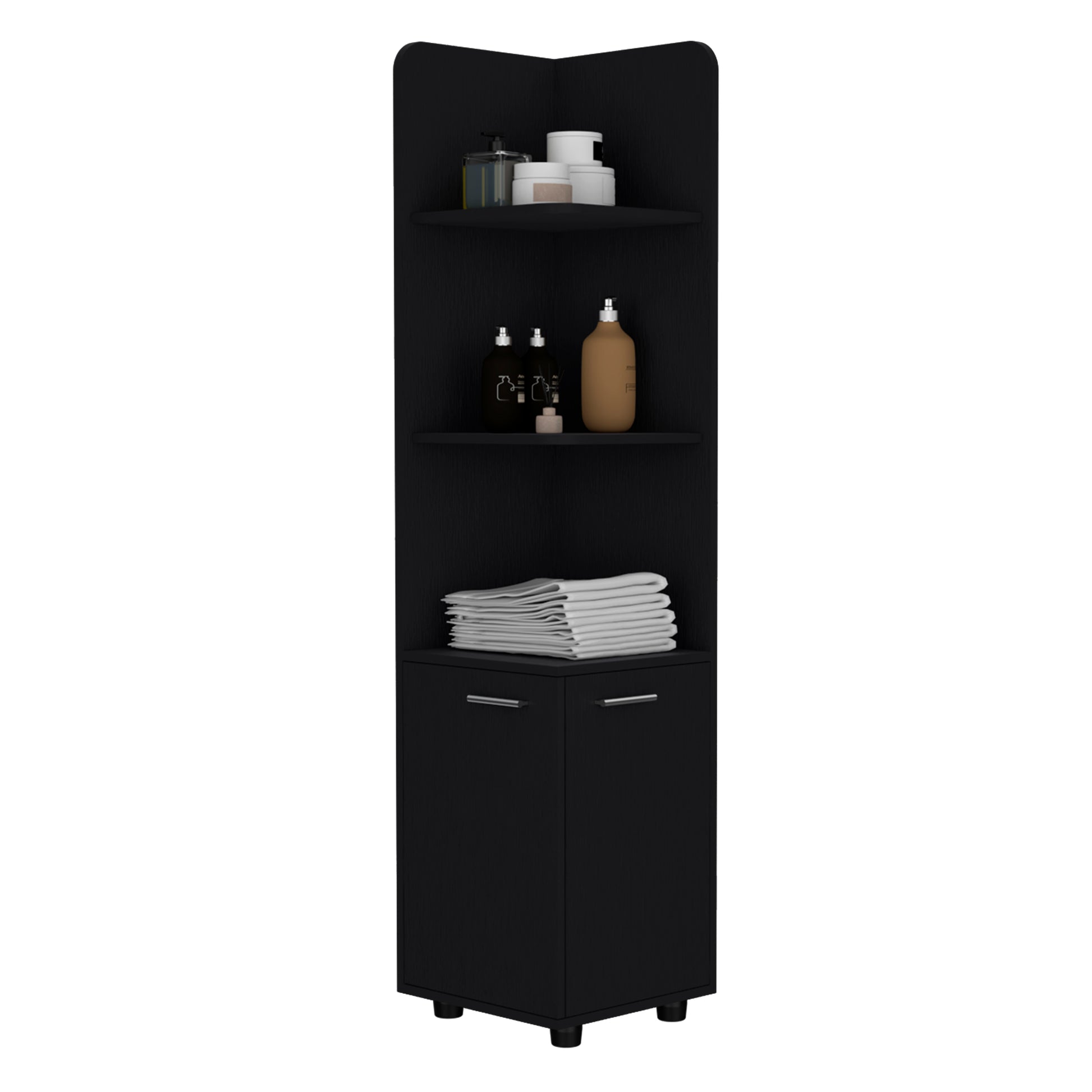 Corner Cabinet 62H" Tall With 3 Tier Shelf And 2 Door, Black Black Contemporary,Modern Engineered Wood