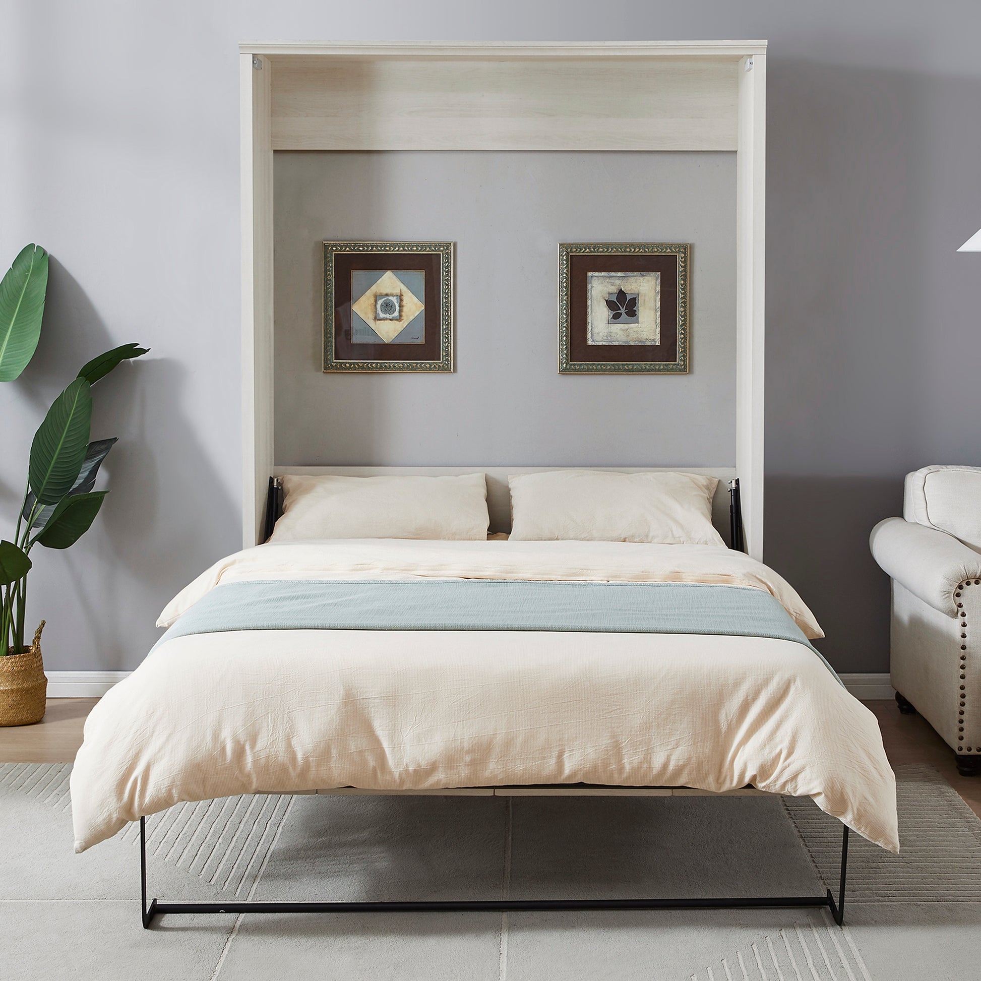 Queen Size Half Self Close And Open Murphy Bed Cabinet Space Saving Bed Perfect For Guest Room, For Bed Room, Guest Room, Home Office, Rustic White Box Spring Not Required Queen Rustic White Wood White Pine Murphy Pine