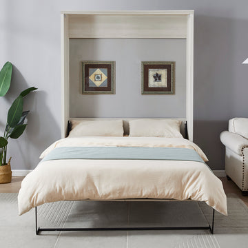 Queen Size Half Self Close And Open Murphy Bed Cabinet Space Saving Bed Perfect For Guest Room, For Bed Room, Guest Room, Home Office, Rustic White Box Spring Not Required Queen Rustic White Wood White Pine Murphy Pine