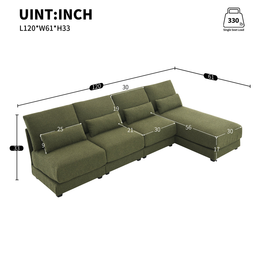 120*61" Oversized Deep Seat Sectional Sofa With Reversible Chaise,Loop Yarn Fabric 5 Seat Armless Indoor Furniture,Convertible L Shaped Couch For Living Room,Apartment,3 Colors Green Fabric 5 Seat