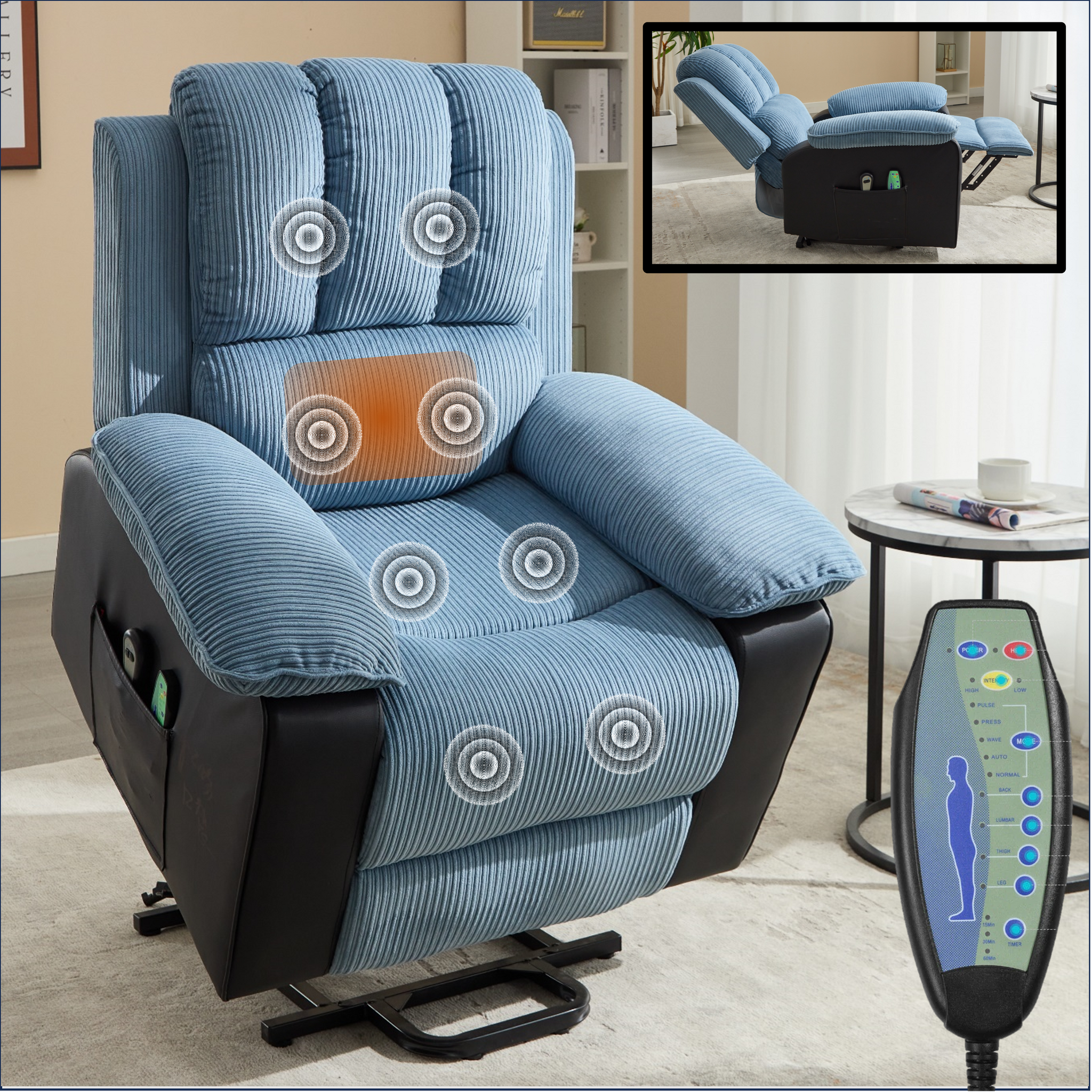 Recliner Chair With Heat And Vibrating Massage, Comfy Padded Overstuffed Soft Fabric Heated Recliner Blue And Black Black Blue Power Push Button Metal Primary Living Space Soft Cushion Back Heavy Duty Casual,Contemporary Push Button Pillow Top Arms Foam