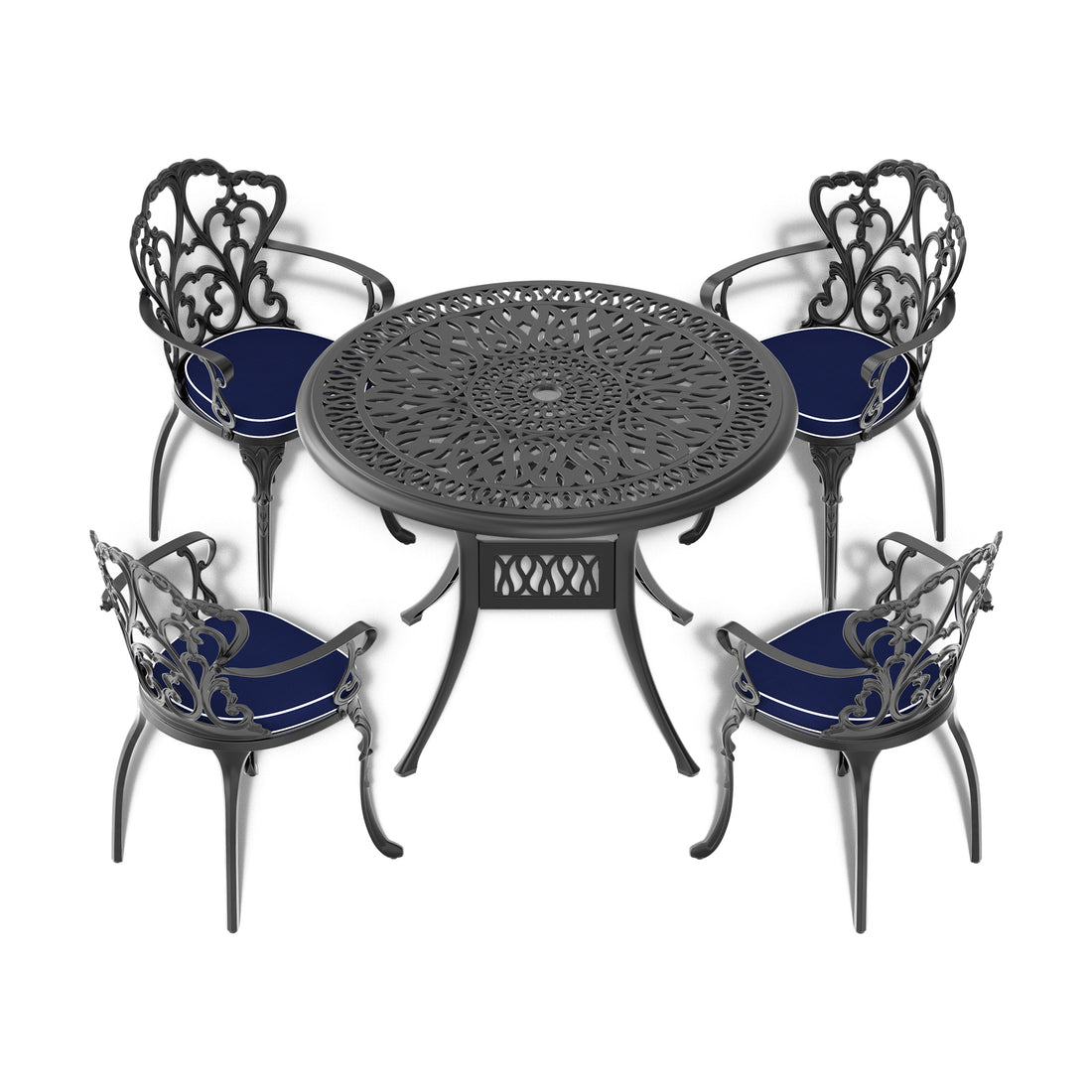 Cushions In Random Colors 5 Piece Set Of Cast Aluminum Patio Furniture With Cushions Yes Dining Set Black Seats 4 Rust Resistant Frame Water Resistant Cushion Garden & Outdoor Complete Patio Sets Aluminium