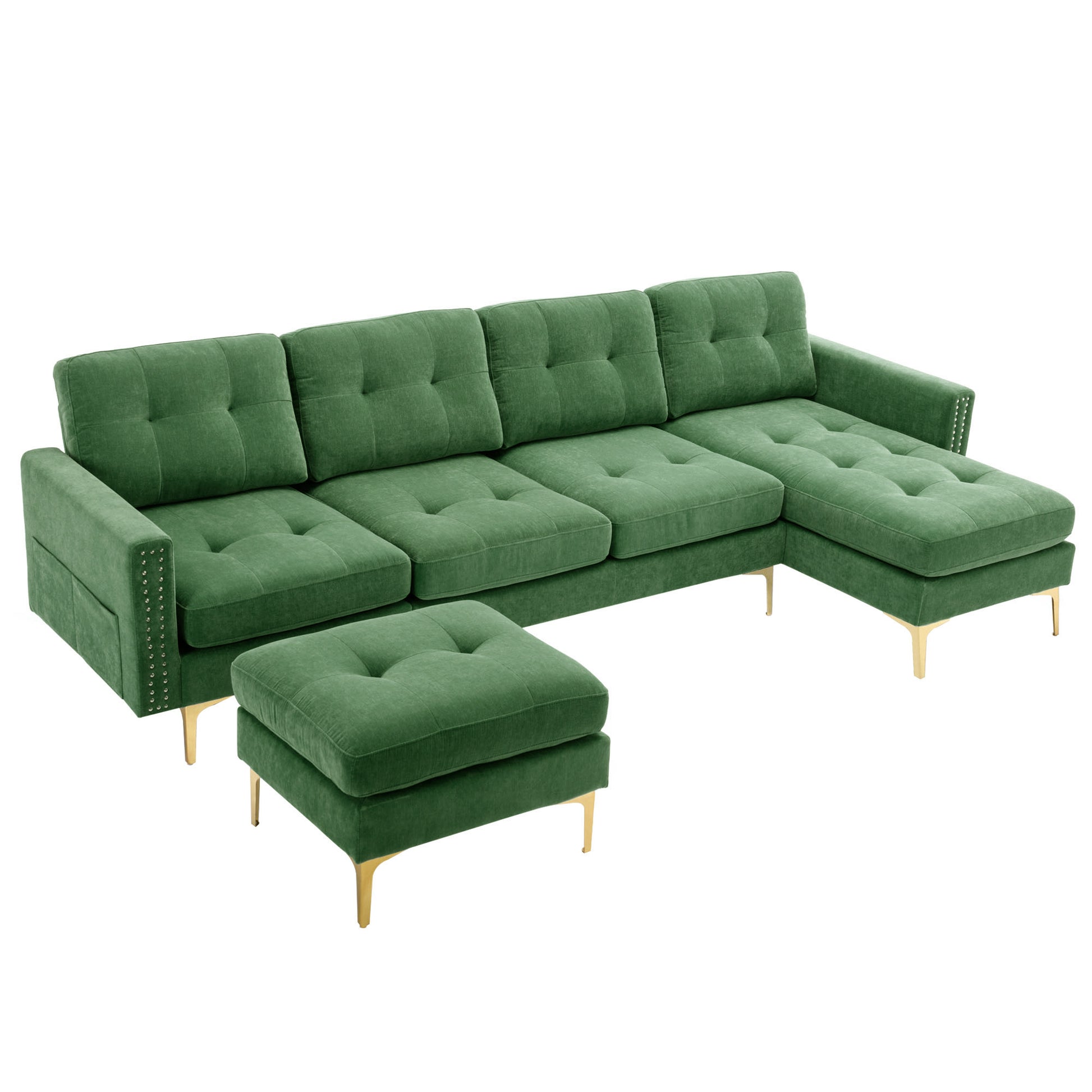 110" L Shape Convertible Sectional Sofa Couch With Movable Ottoman For Living Room, Apartment, Office, Green Green Foam Velvet 4 Seat