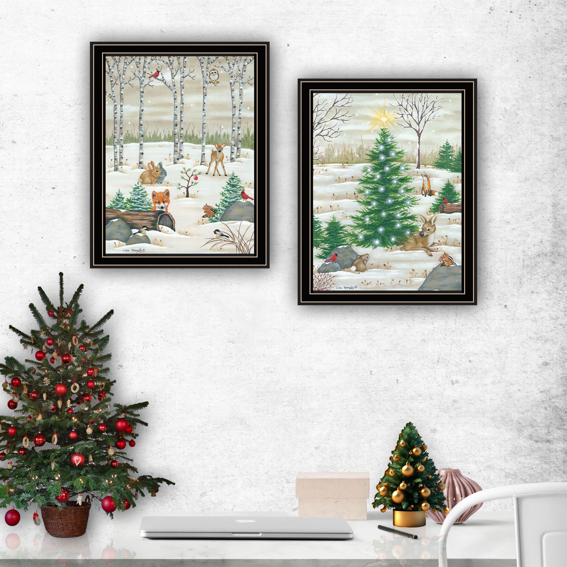 2 Piece Vignette Woodland "Critters For Christmas" Black Framed Wall Art For Living Room, Bedroom Wall Art Print For Home Decor By Lisa Kennedy Multi Wood Paper