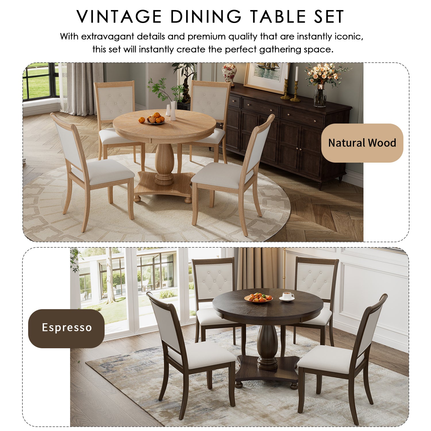 5 Piece Retro Dining Set, Round Table With Pedestal Table Base And 4 Upholstered Chairs For Dining Room And Kitchen Natural Wood Wash Natural Wood Wash Solid Wood Mdf