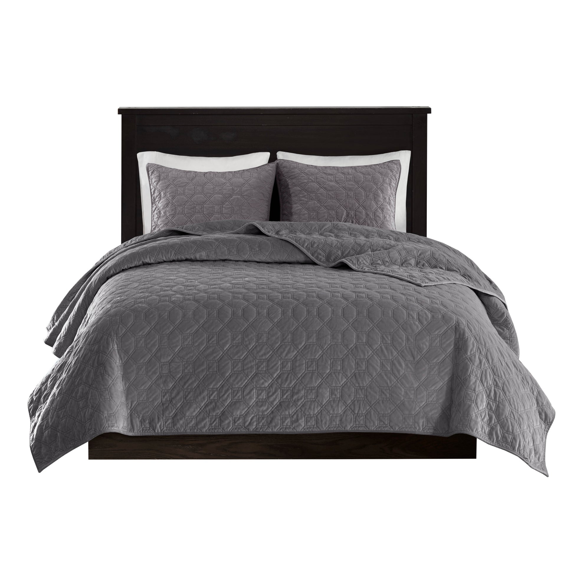 3 Piece Velvet Quilt Set Grey Full Queen Full Grey Cotton