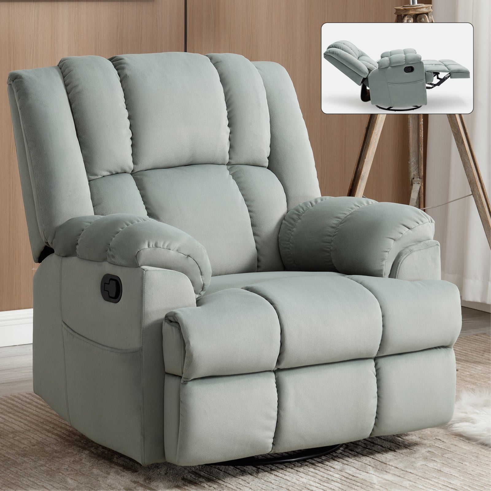 Manual Recliner Chair With Rocker And Swivel In Fabric For Living Room, Green Green Polyester Manual Handle Metal Primary Living Space Medium Firm Cushion Back Heavy Duty American Design Pine Pillow Top Arms Fiber Foam And Polyester Fiber Pad Fabric