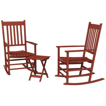Outsunny Outdoor Rocking Chair Set Of 2 With Side Table, Patio Wooden Rocking Chair With Smooth Armrests, High Back For Garden, Balcony, Porch, Supports Up To 352 Lbs., Wine Red Red Wood