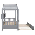 Wooden Twin Size House Bed With Trundle, Modern Design For Kids With Storage Shlef, Gray Twin Gray Solid Wood