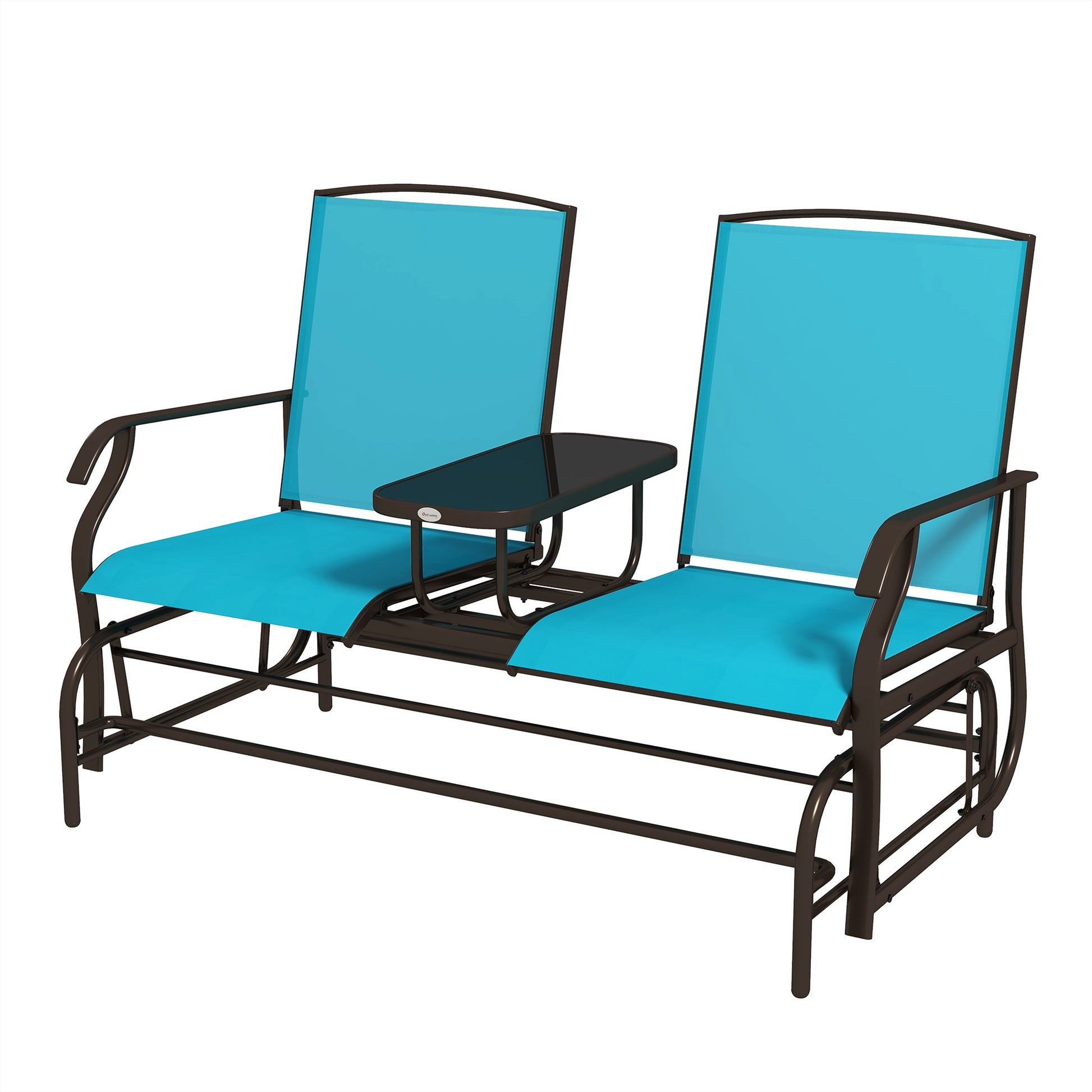 Outsunny Outdoor Glider Bench With Center Table, Metal Frame Patio Loveseat Withmesh Fabric And Armrests For Backyard Garden Porch, Blue Blue Steel