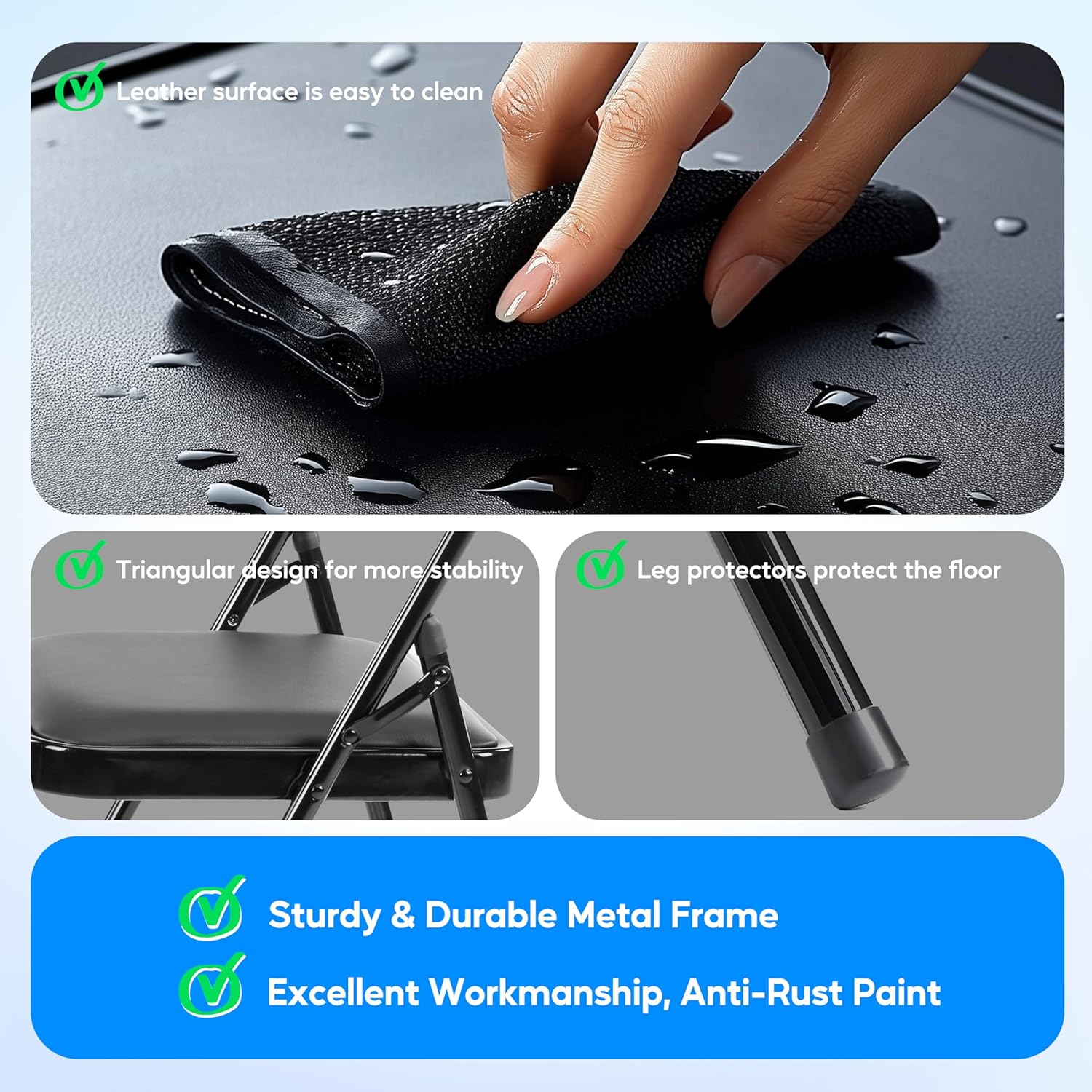 2 Pack Folding Chairs With Leather Padded Cushion Seats & Durable Metal Frame, Comfortable, Foldable, Portable, Commercial Event Seat, Indoor Outdoor For Parties, Home, Office, Black Black Leather