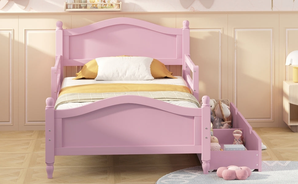 Twin Size Wood Platform Bed With Guardrails On Both Sides And Two Storage Drawers ,Pink Twin Pink Wood