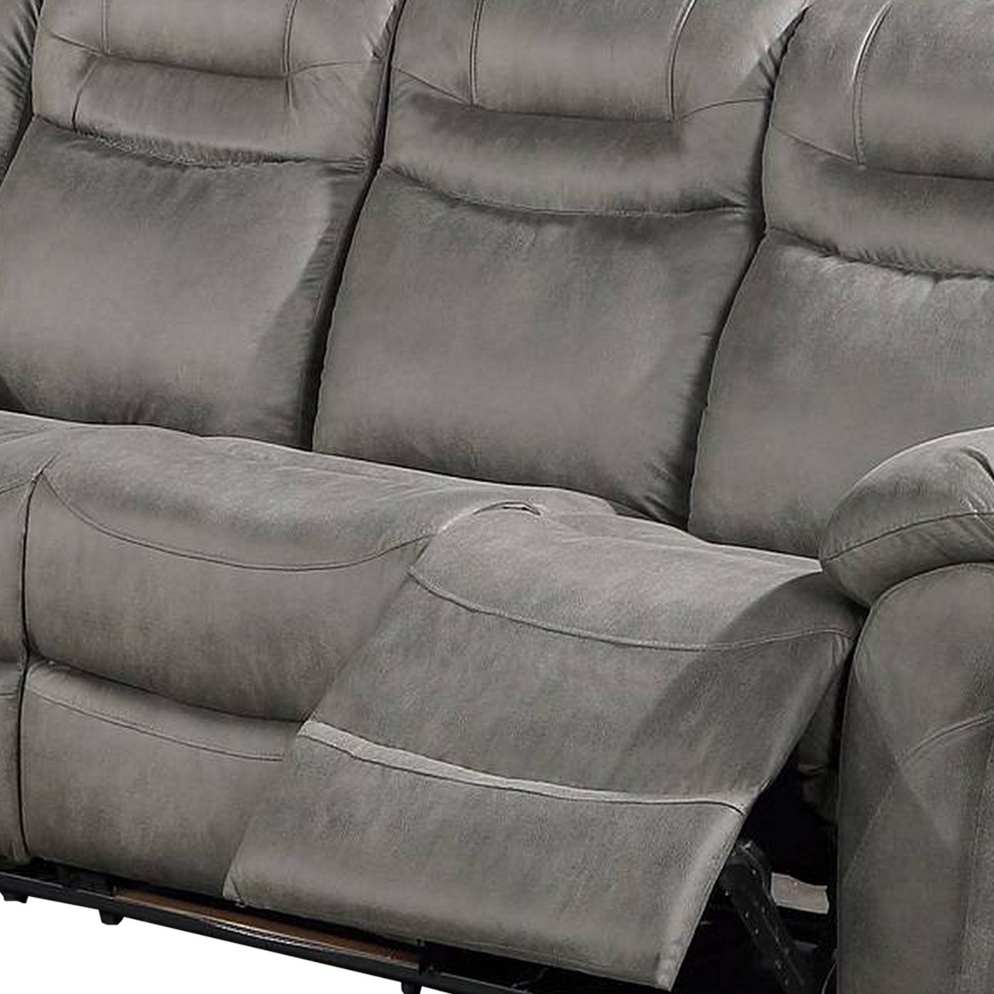 Betty 86 Inch Manual Reclining Sofa, Pull Tab Footrest Mechanism, Gray Gray Faux Leather 3 Seat