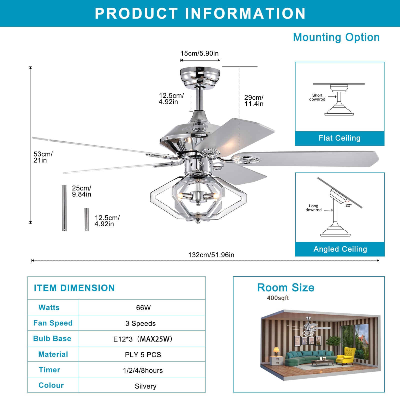 52" Dual Wood 5 Blade Crystal Ceiling Fan With Remote Chrome American Design,American Traditional,Classic,Contemporary,Farmhouse Plywood Metal