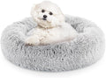 24 Inch Donut Dog Bed, Calming Bed For Dogs, Grey Cat Bed Washable, Round Dog Donut Bed Washable, Plush Fur Dog Bed, Dog Cuddle Bed Grey Faux Fur