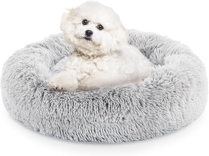 24 Inch Donut Dog Bed, Calming Bed For Dogs, Grey Cat Bed Washable, Round Dog Donut Bed Washable, Plush Fur Dog Bed, Dog Cuddle Bed Grey Faux Fur