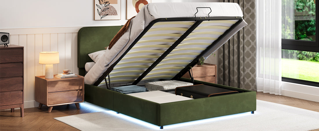 Upholstered Platform Queen Size Hydraulic Storage Bed, Lift Up Storage Bed With Rgb Led Light, Bluetooth Speaker, No Box Spring Needed, Lychee Velvet, Green Queen Green Velvet Fabric Metal