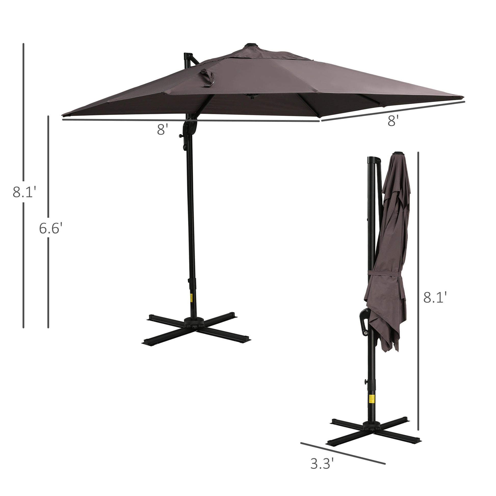 Outsunny 8Ft Cantilever Patio Umbrella, Square Outdoor Offset Umbrella With 360 Rotation, Aluminum Hanging Umbrella With 3 Position Tilt, Crank & Cross Base For Garden, Brown Brown Aluminum