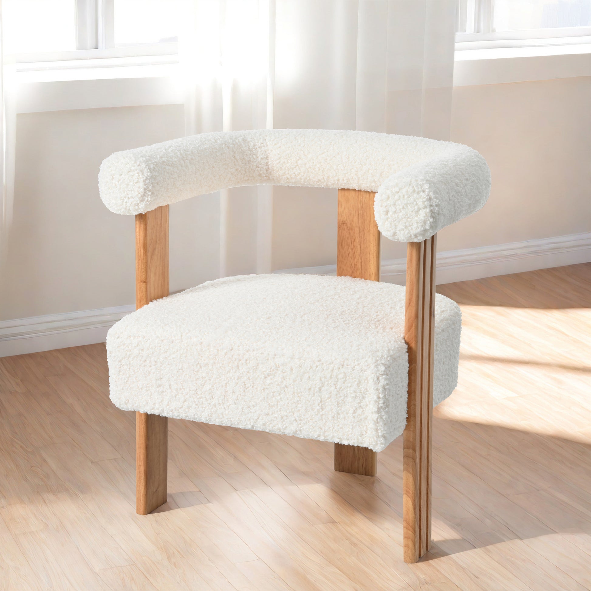 Mid Century Modern Barrel Accent Chair, Upholstered Kitchen & Dining Room Chairs With Arms, Teddy Velvet Boucle Accent Chairs Side Chairs For Kitchen Living Room Bedroom, White White Teddy