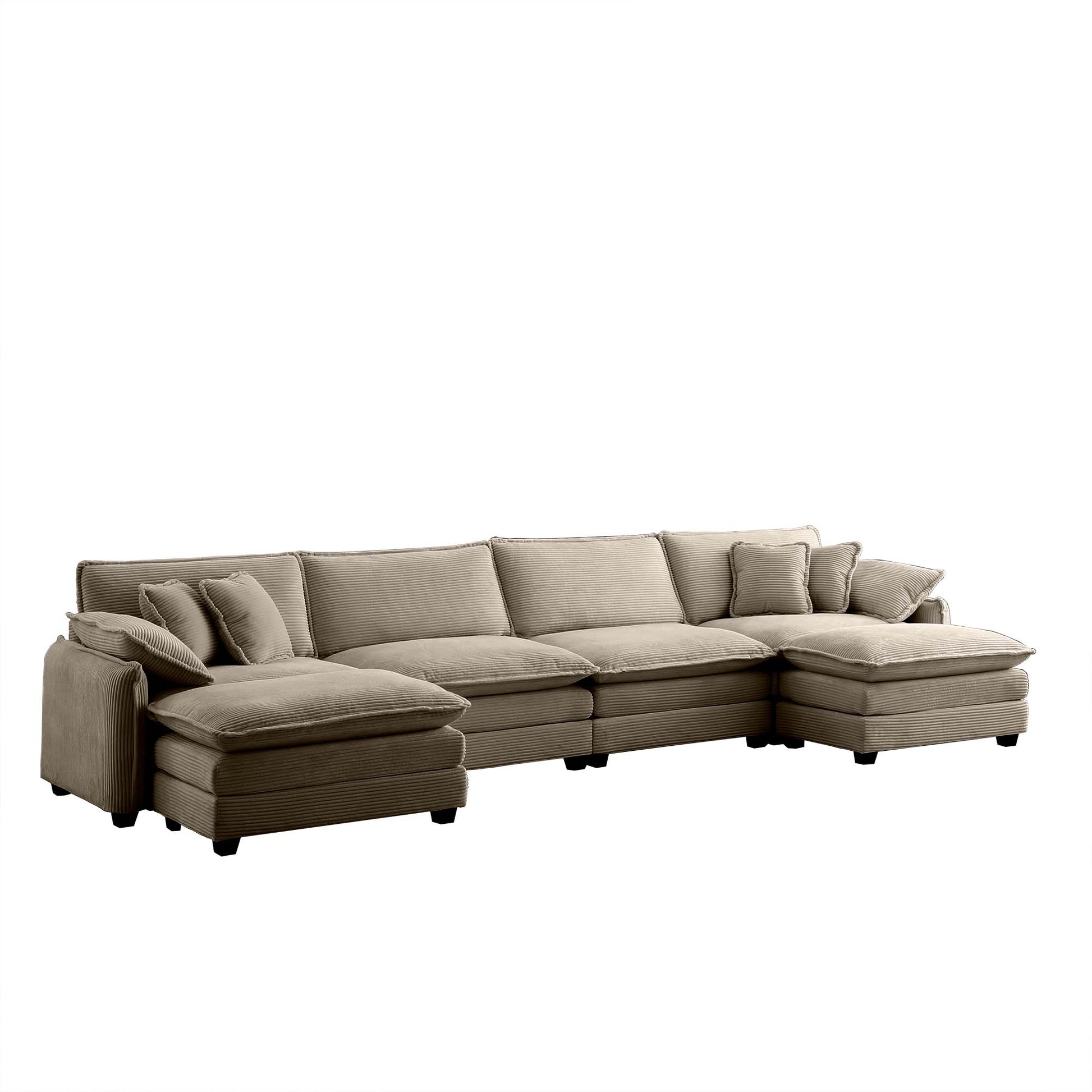 Over Size U Shape Corduroy Sofamodern Upholstered 4 Seater Sofa With 2 Ottomans, Premium Soft Corduroy Fabric Sofa Camel Corduroy 4 Seat