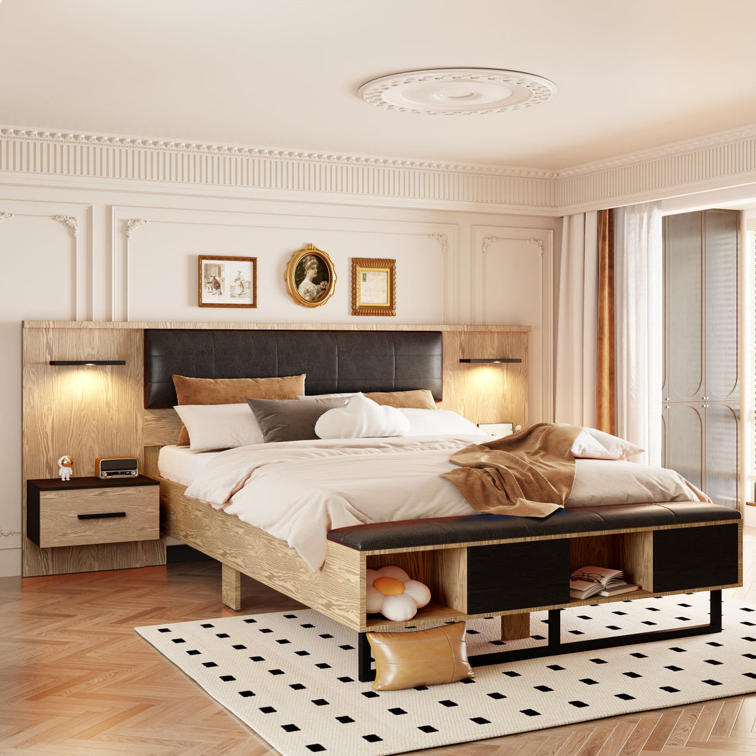 Queen Size Wood Platform Bed With Upholstered Headboard, Lights And Storage Nightstand, Bench, Walnut Box Spring Not Required Queen Walnut Wood Bedroom Bed Frame Faux Leather Solid Wood Mdf