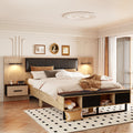 Queen Size Wood Platform Bed With Upholstered Headboard, Lights And Storage Nightstand, Bench, Walnut Box Spring Not Required Queen Walnut Wood Bedroom Bed Frame Faux Leather Solid Wood Mdf