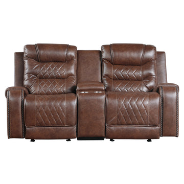 Luxurious Living Room Furniture 1Pc Brown Double Glider Reclining Loveseat With Center Console, Receptacles Usb Ports,Faux Leather Upholstery Diamond Pattern Stitching Brown Faux Leather Wood Primary Living Space Luxury,Modern Solid Wood