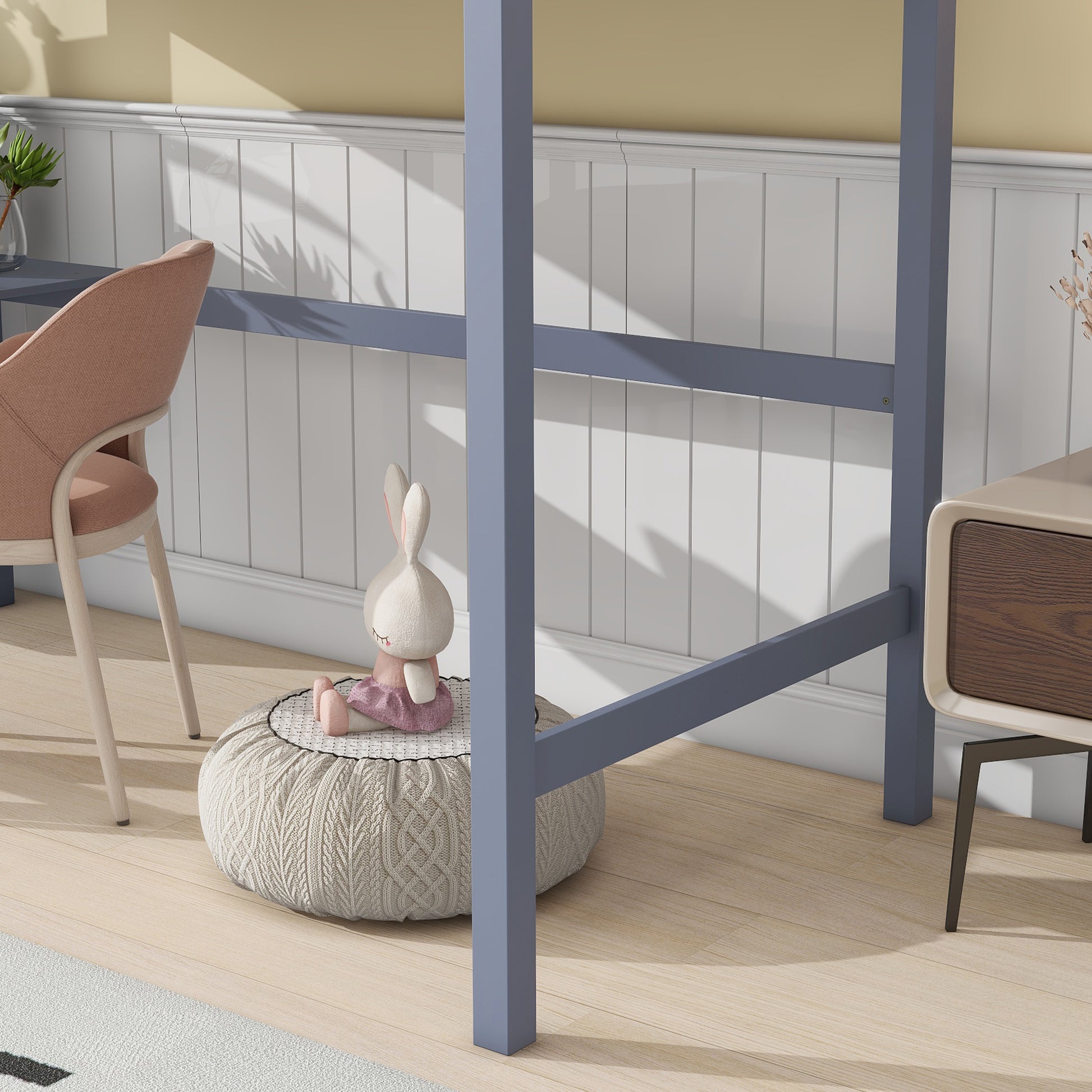 Twin High Loft Bed, Rubber Wood Loft Bed With Safety Guardrail, Built In Desk, Ladder,Grey Twin Grey Rubber Wood