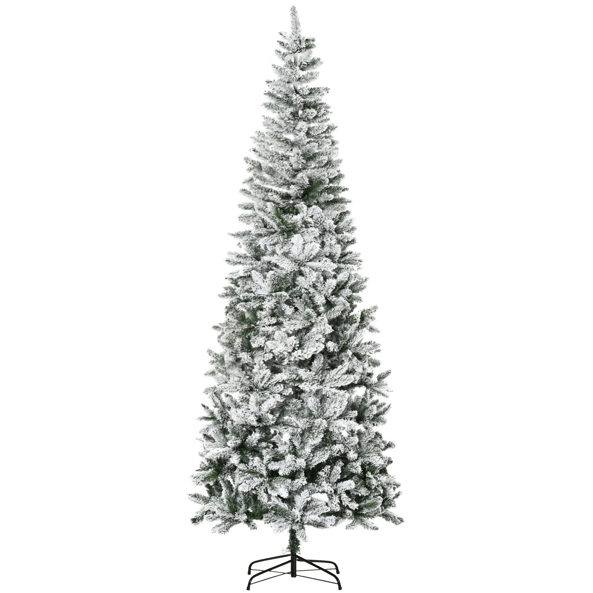 Homcom 9Ft Unlit Snow Flocked Slim Pine Artificial Christmas Tree With Realistic Branches And 1084 Tips Green Plastic