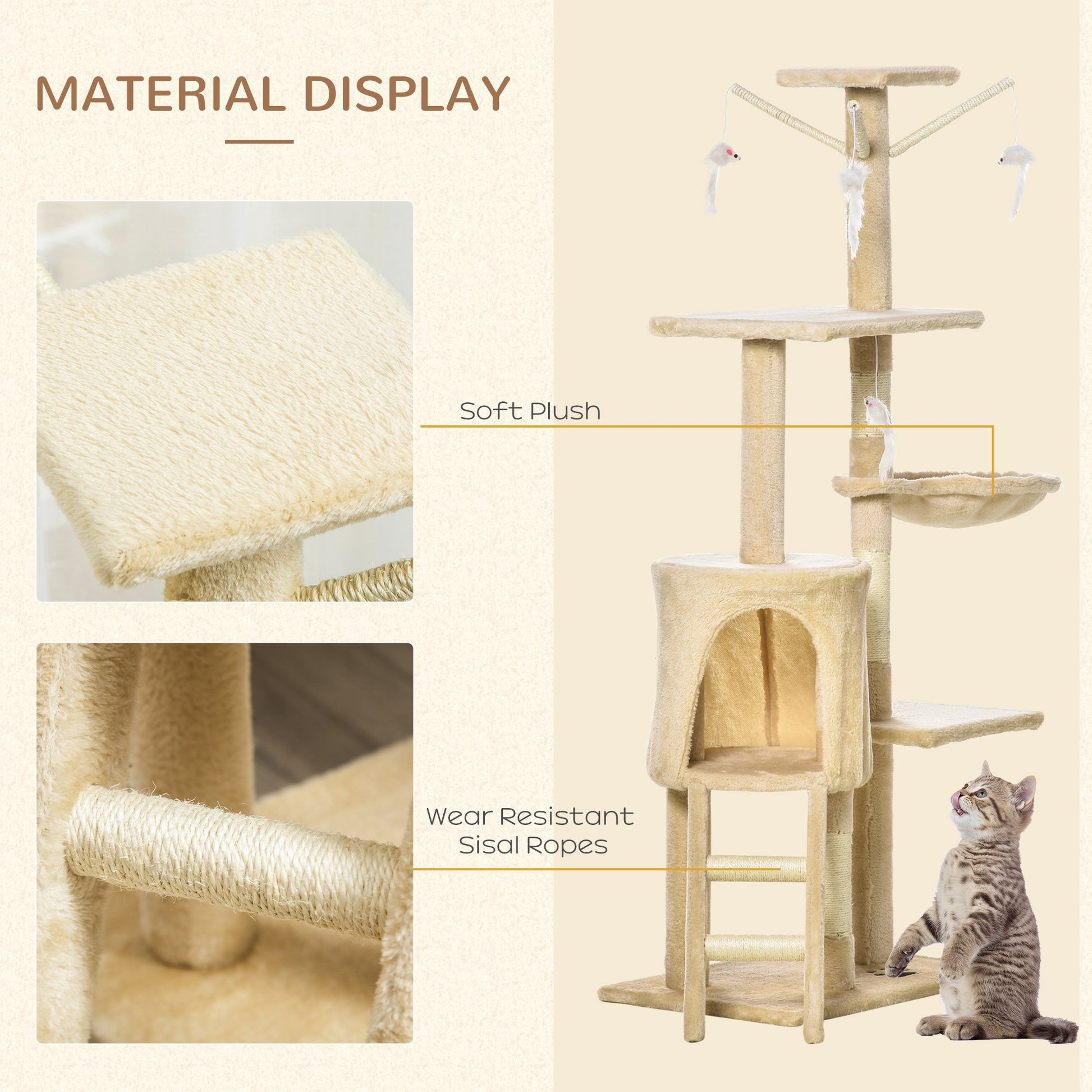 Pawhut 53" Plush Sturdy Interactive Cat Condo Tower Scratching Post Activity Tree House Beige Beige Mdf