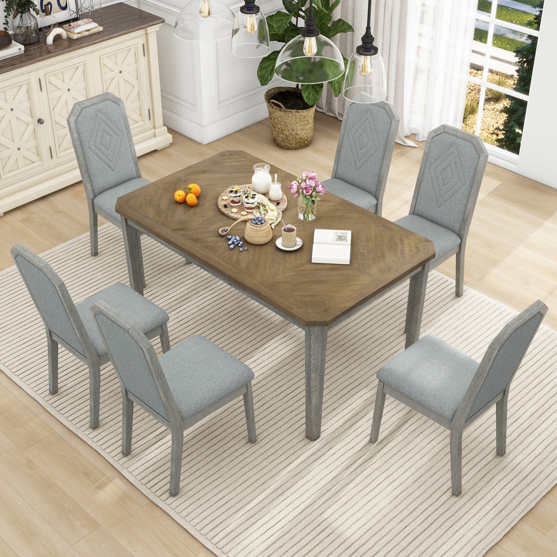 7 Piece Farmhouse Dining Set Classic Rustic Table And 6 High Back Design Chairs For Dining Room, Kitchen Brown Gray Brown Gray Solid Wood Mdf