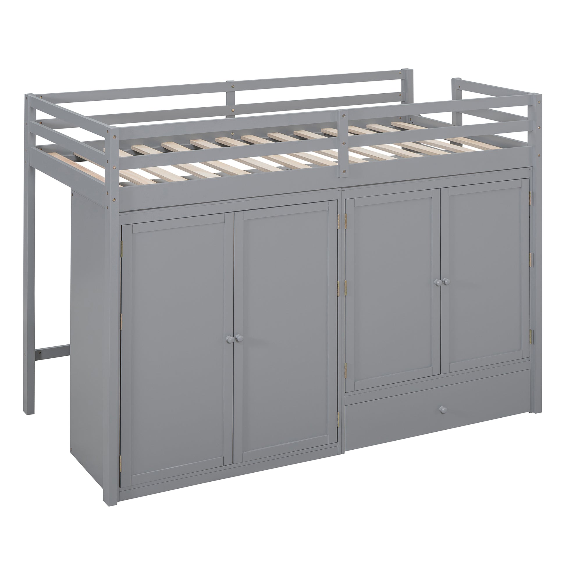 Twin Size Loft Bed With Drawer, Two Wardrobes And Mirror, Gray Gray Solid Wood Mdf