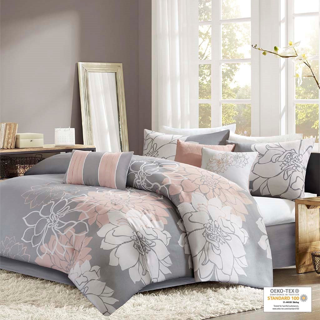 Printed Cotton Sateen Comforter Set Grey Peach Queen Queen Grey Peach Polyester