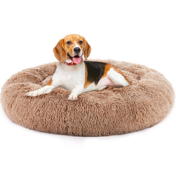 Anti Slip Round Fluffy Plush Faux Fur Cat Bed, Small Brown Brown Fabric