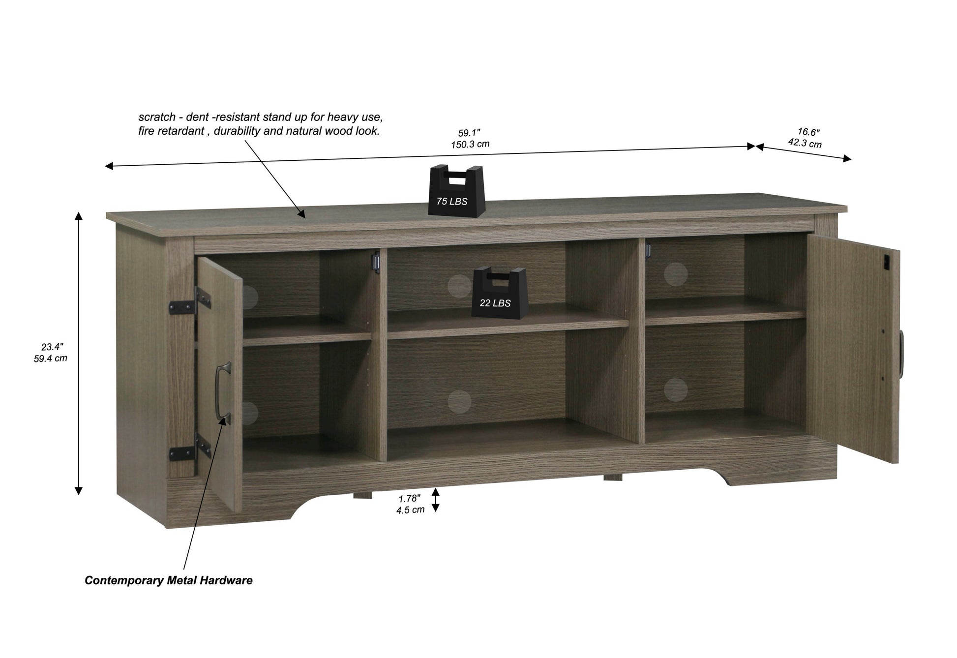 Tv Stand Walnut Wood Grain Tv Stand With Adjustable Shelves Durable Media Console With Metal Accents And Magnetic Closure For Living Room Grey 70 79 Inches Solid Wood