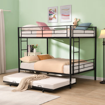 Full Over Full With Trundle Metal Bunk Bedno Box Spring Needed, Easy Assemble Black Metal