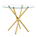 Round Clear Glass Dining Table With A Unique Shape For 4 6 People, With Ring Shaped Gathered Gold Metal Legs, Suitable For Desks, Kitchens, Terraces, Dining Rooms. Gold Glass Metal