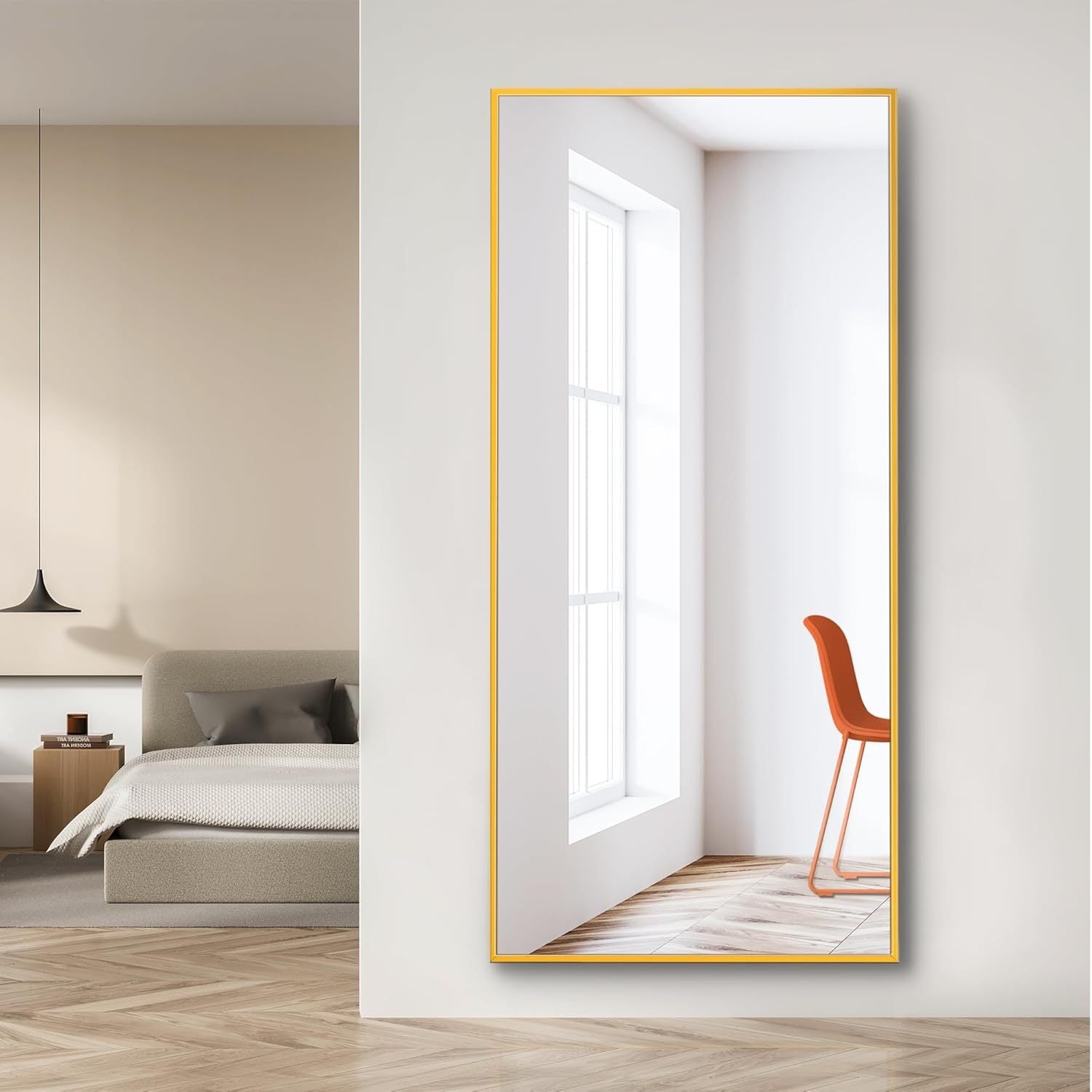 Dolonm 65X22 Inch Full Length Mirror, Modern Design Standing Floor Mirror, Full Body Mirror For Living Room, Bedroom, Bathroom, Cloakroom, Hallway, Gold Aluminum Alloy Frame Golden Mirror