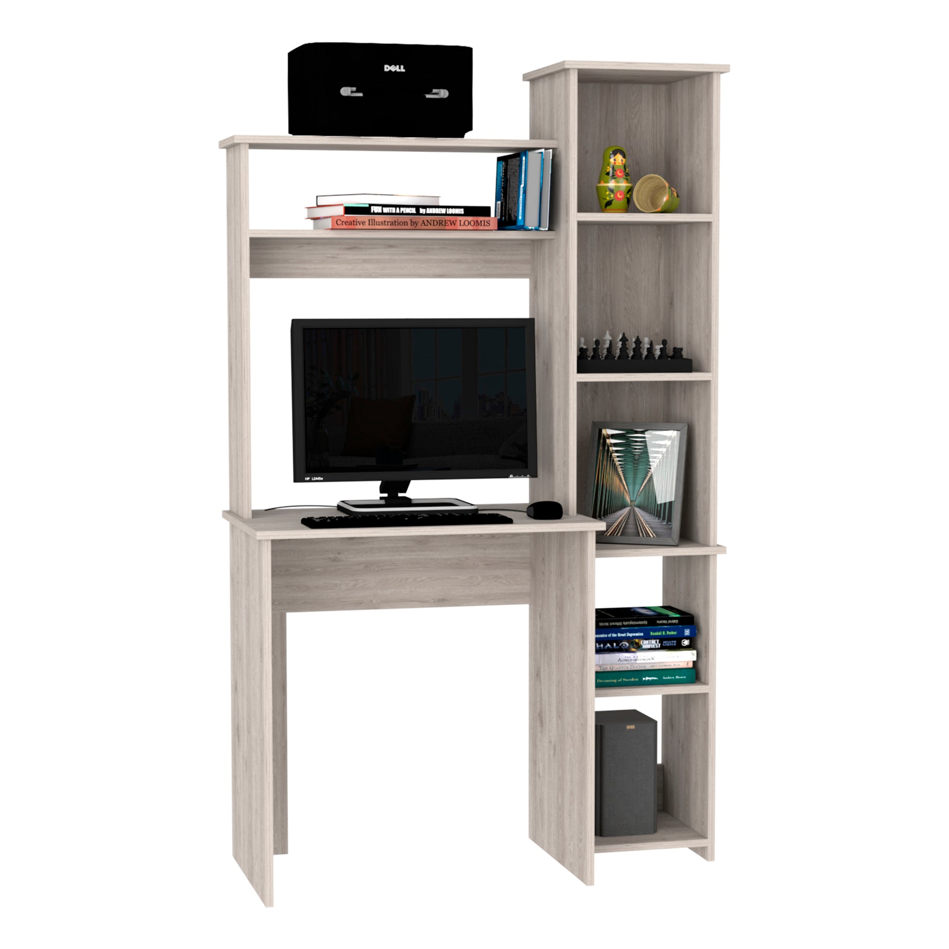 Aramis Desk, Five Shelves, Two Superior Shelves, Light Gray Gray Particle Board Particle Board