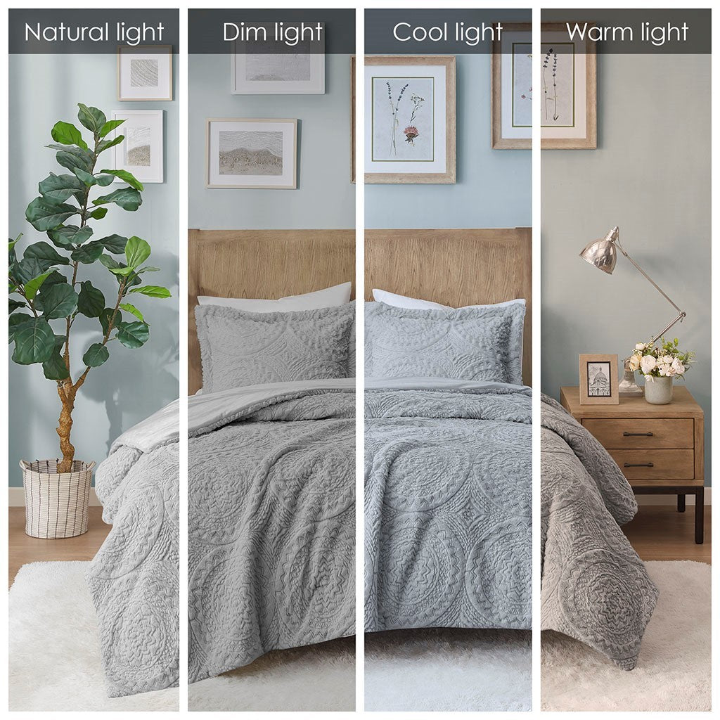 Embroidered Medallion Faux Fur Ultra Plush Comforter Mini Set Twin Grey Polyester