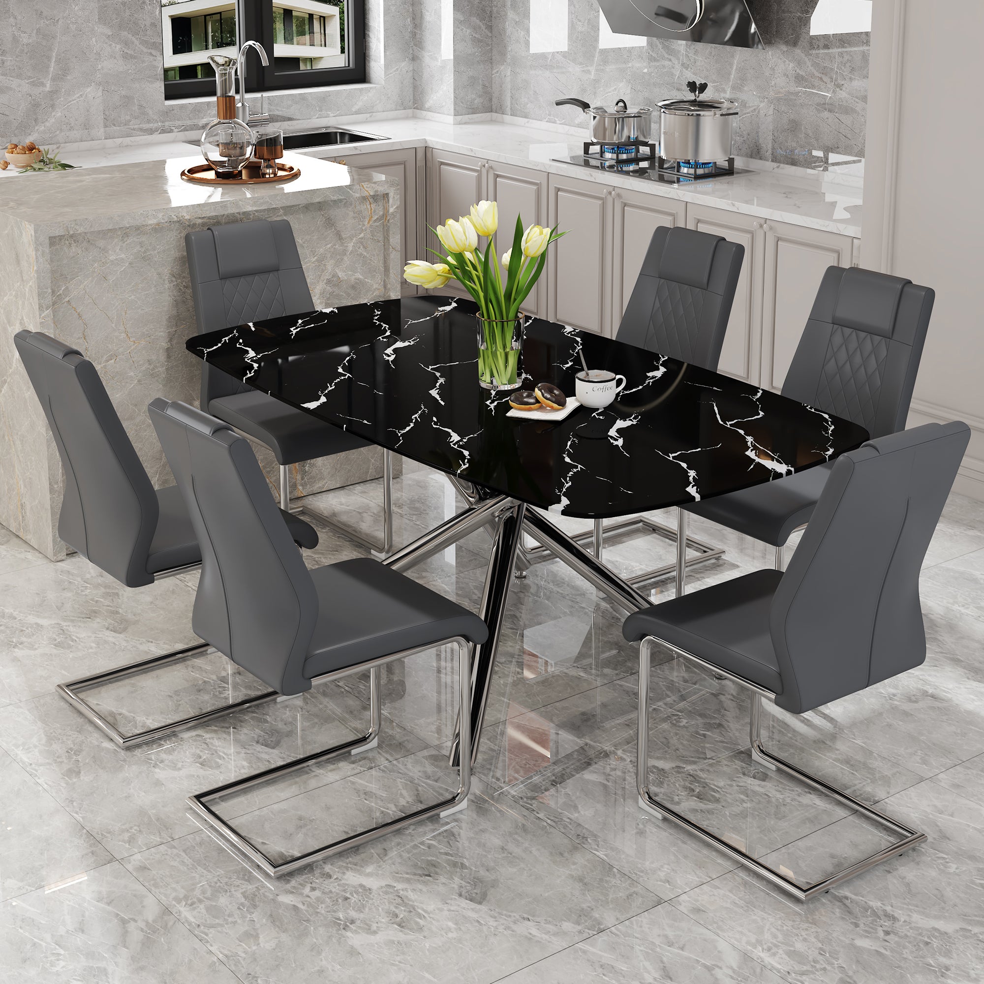 Table And Chair Set.Table And Chair Set.Modern Luxurious Black Marble Patterned Tempered Glass Dining Table With 6 Dark Gray Pu Chairs.Multiple High Quality Pu Dining Chairs With Silver Legs. Dark